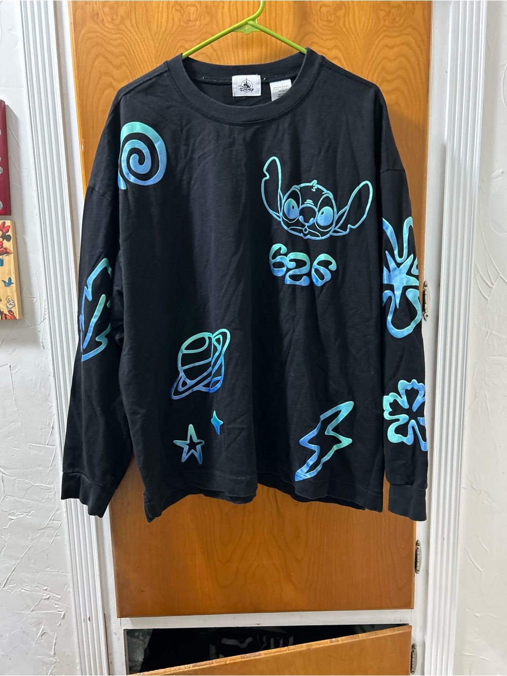 Disney  Parks Black Crewneck  with Teal and Turquoise Stitch Graphics